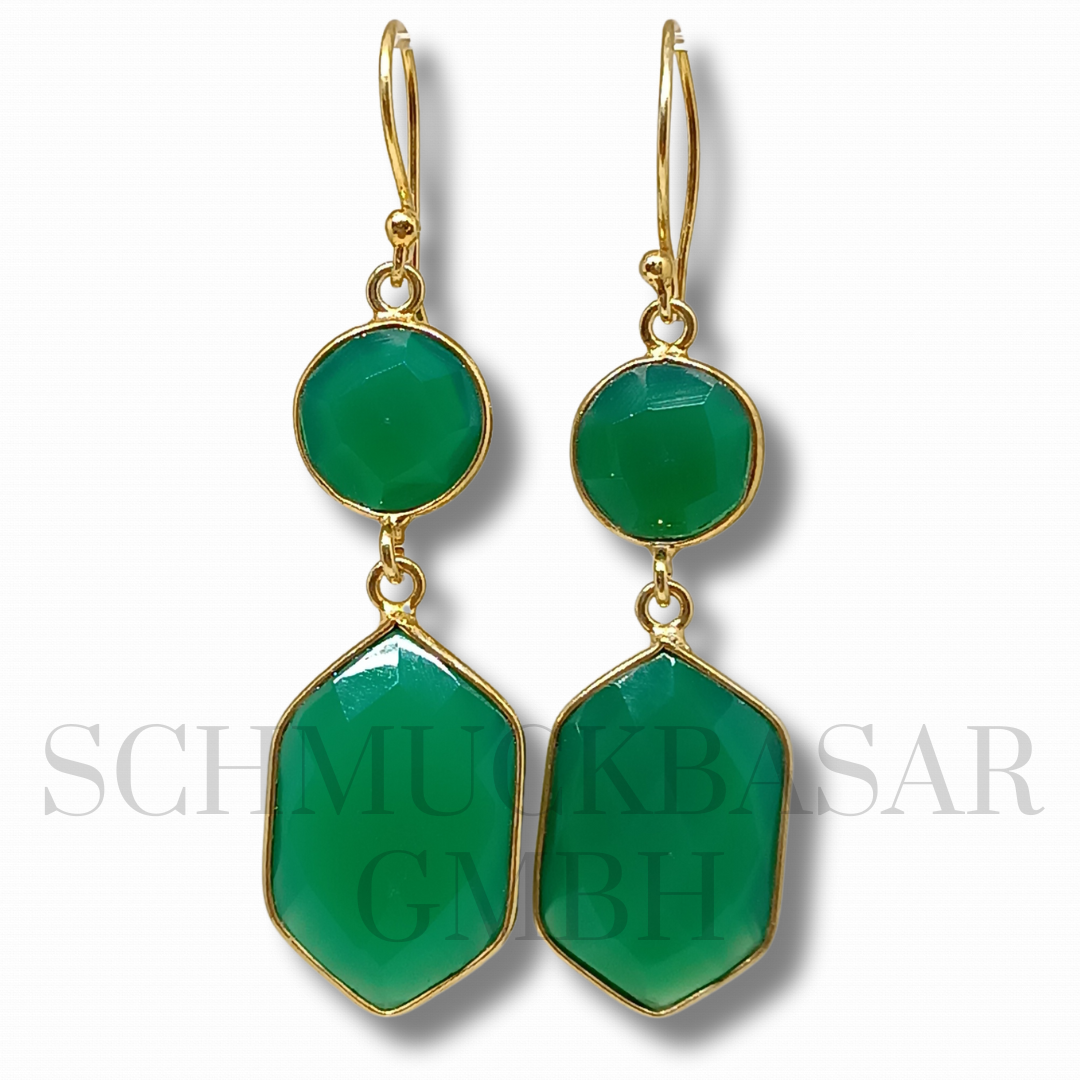 GOLD PLATED GREEN ONYX STONE EARRINGS