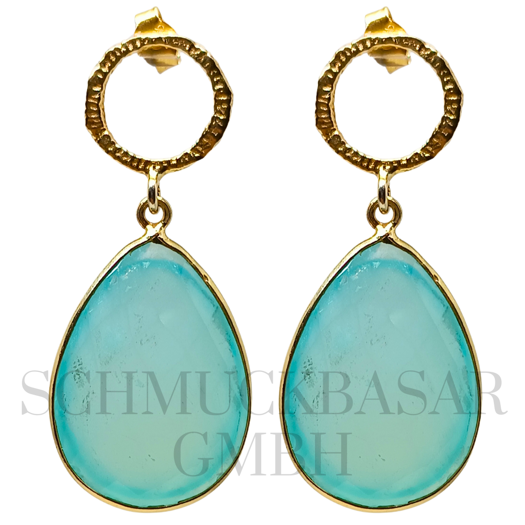 GOLD PLATED AQUA CHALCEDONY STONE EARRINGS