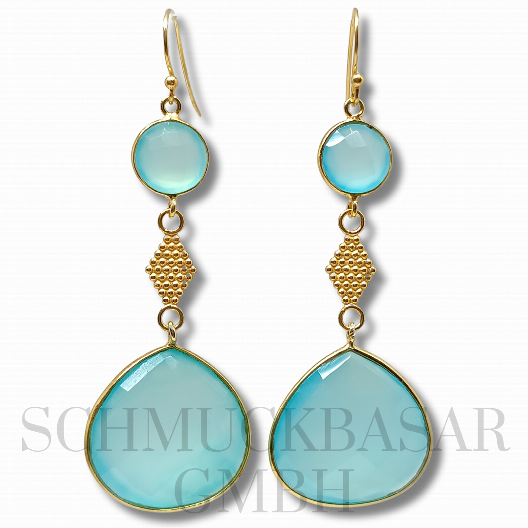 GOLD PLATED AQUA CHALCEDONY STONE EARRINGS